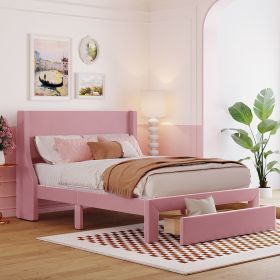 Full Size Storage Bed Velvet Upholstered Platform Bed with a Big Drawer - Pink - as Pic