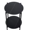 2-layer End Table with Tempered Glass and Marble Tabletop;  Round Coffee Table with  Metal Frame for Bedroom Living Room Office - Black+Black+Marble