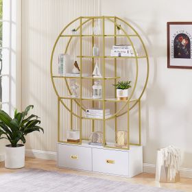 70.8 Inch Round Office Bookcase Bookshelf, Display Shelf, Two Drawers, Gold Frame - as Pic