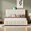 Full Size Upholstered Bed with Hydraulic Storage System and LED Light, Beige - as Pic