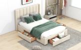 Full Size Upholstered Platform Bed with One Large Drawer in the Footboard and Drawer on Each Side,Beige - as Pic