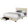 CORDUROY VELVET QUEEN FOOTBOARD DRAWER STORAGE UPHOLSTERED WINGBACK BED NO BOX SPRING REQUIRE BEIGE WHITE - as Pic