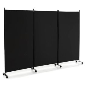 3 Panel Folding Room Divider with Lockable Wheels - Black