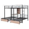 Full Over Twin & Twin Triple Bunk Bed with Drawers, Multi-functional Metal Frame Bed with desks and shelves in the middle, Black - as Pic