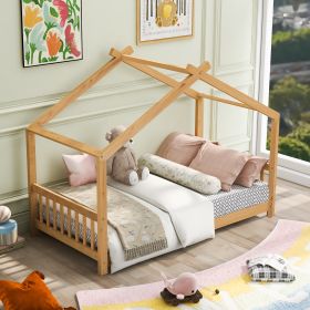 Twin Size House Platform Bed with Headboard and Footboard,Roof Design,Natural - as pic