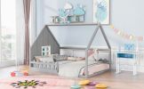 Full Size Wood House Bed with Window and Fence, Gray - as Pic
