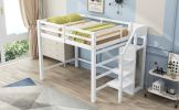 Full Size Loft Bed with Built-in Storage Wardrobe and Staircase, White - as Pic