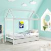 Solid Wood Twin House Bed Frame with Twin Size Trundle For White Color, No Box Spring Needed - as pic