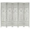 Hand Carved 5-Panel Room Divider Gray 78.7"x65" Solid Mango Wood - Grey