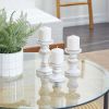 DecMode Farmhouse White Washed Wooden Curved Pillar Candle Holders Set of 3, 8", 6", 4"H Natural Distressed Finish - DecMode
