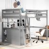 Full Size Loft Bed with Desk and Shelves,Two Built-in Drawers,Gray - as pic