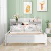 Wood Full Size Platform Bed with Built-in LED Light, Storage Headboard and Guardrail, White - as Pic