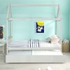 Solid Wood Twin House Bed Frame with Twin Size Trundle For White Color, No Box Spring Needed - as pic