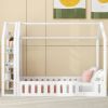 Twin Size Wood House Bed with Fence and Detachable Storage Shelves, White - as Pic