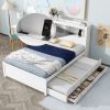 Full Size platform bed with trundle, drawers and USB plugs, White - as Pic