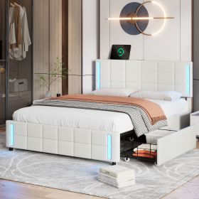 Queen Size Upholstered Platform Bed with LED Lights and USB Charging, Storage Bed with 4 Drawers, White - as Pic