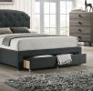 Charcoal Burlap Fabric 1pc Twin Size Bed w Drawer Button Tufted Headboard Storage Bedframe Bedroom Furniture - as Pic