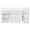 Low Study Full Loft Bed with Cabinet ,Shelves and Rolling Portable Desk ,Multiple Functions Bed- White - as Pic