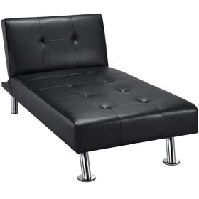 Convertible Faux Leather Futon Chaise Lounge, White (Color: Black)