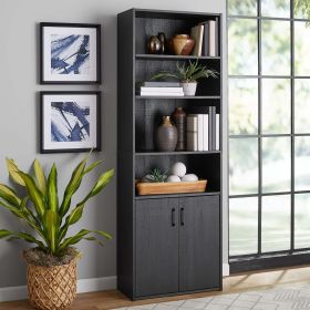 Traditional 5 Shelf Bookcase With Doors, Black (Color: Black)